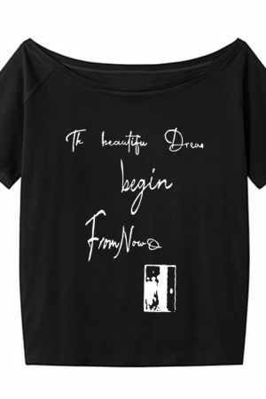 Off-Shoulder Letter Print T-Shirt for Women - Casual Loose Fit Summer Top, American Style, Slimming One-Shoulder Design