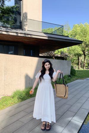 Off-Shoulder Little White Dress with Pleats, Embroidery, and Polka Dots â€“ South France Holiday Style