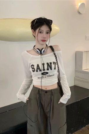 Off-Shoulder Long Sleeve T-Shirt for Women - European and American Style, Spring Versatile Thin Sun Protection, Slim Fit Top