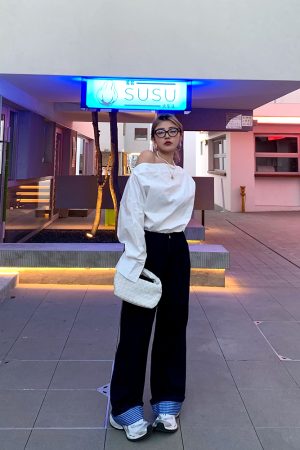 Off-Shoulder Long Sleeve White Shirt for Women - Unique Spring Fashion Top, Trendy 90s Style