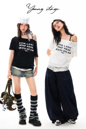 Off-Shoulder Loose White Short Sleeve T-Shirt for Women - Casual Summer Top, Spicy Girl Style, Versatile Slanted Shoulder Design