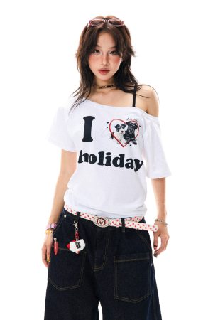 Off-Shoulder Puppy Heart Print Short Sleeve T-Shirt for Women - Vintage American Style Summer Top for Hot Girls