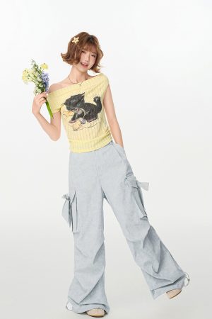 Off-Shoulder Retro Printed T-Shirt for Women, Drop Shoulder, Waist-Cinching, Slimming Summer Top, Y2K Style