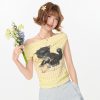 Off-Shoulder Retro Printed T-Shirt for Women, Drop Shoulder, Waist-Cinching, Slimming Summer Top, Y2K Style