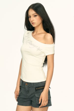 Off-Shoulder Rhinestone Star Letter T-Shirt for Women - Summer Slim-Fit Short Sleeve Top with Sexy Vibe