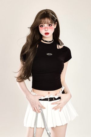 Off-Shoulder Sexy T-Shirt for Women - Handmade Slim Fit Summer Top in Pure Desire Style, Waist-Defining Short Sleeve Fashion