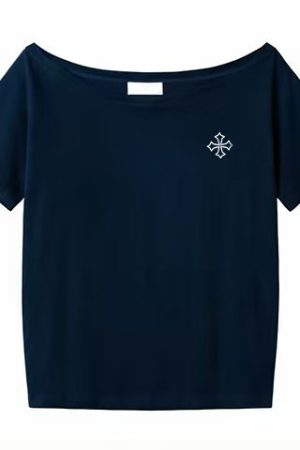 Off-Shoulder Short Sleeve Black T-Shirt with Cross Print - Loose Fit Summer Top for Women, Trendy Spicy Girl Style