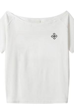 Off-Shoulder Short Sleeve Black T-Shirt with Cross Print - Loose Fit Summer Top for Women, Trendy Spicy Girl Style