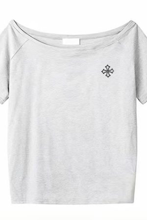 Off-Shoulder Short Sleeve Black T-Shirt with Cross Print - Loose Fit Summer Top for Women, Trendy Spicy Girl Style