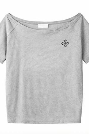 Off-Shoulder Short Sleeve Black T-Shirt with Cross Print - Loose Fit Summer Top for Women, Trendy Spicy Girl Style