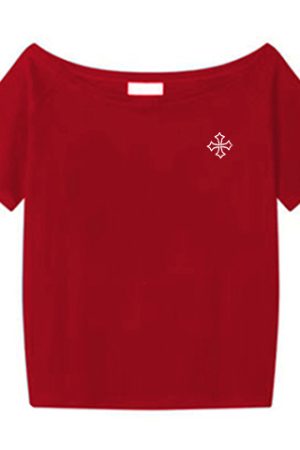 Off-Shoulder Short Sleeve Black T-Shirt with Cross Print - Loose Fit Summer Top for Women, Trendy Spicy Girl Style