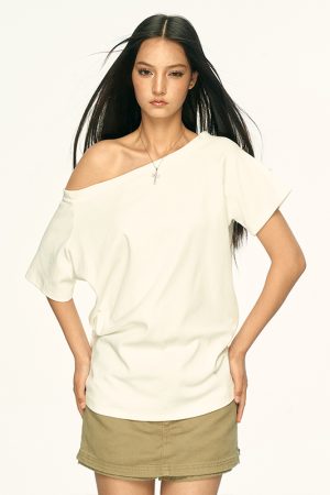 Off-Shoulder Short Sleeve T-Shirt for Women - Spicy Girl Style, Loose Fit, Summer 2025 Trend, American-Inspired Fashion