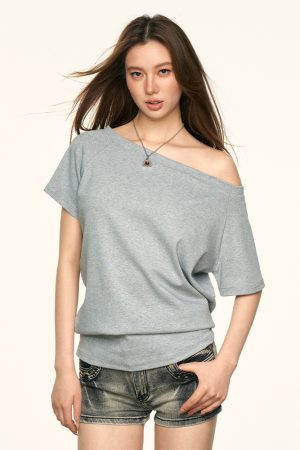Off-Shoulder Short Sleeve T-Shirt for Women - Spicy Girl Style, Loose Fit, Summer 2025 Trend, American-Inspired Fashion
