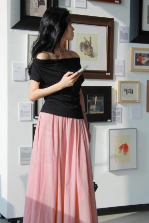 Off-Shoulder Short-Sleeved Top - Women's Summer French Style Thin Stretchy Knit in Light Colors - Elegant & Chic Essentials