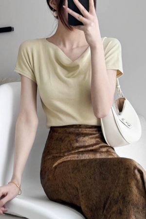 Off-Shoulder Short-Sleeved Top - Women's Summer French Style Thin Stretchy Knit in Light Colors - Elegant & Chic Essentials