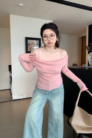 Off-Shoulder Solid Color Plus Size Knitted Shirt - High-End Feel, Slightly Chubby Style, Trendy Casual Top for Effortless Elegance