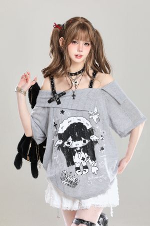 Off-Shoulder Spicy Girl Cartoon Camisole T-Shirt Cover-Up for Women, Y2K Summer Subculture Style Top