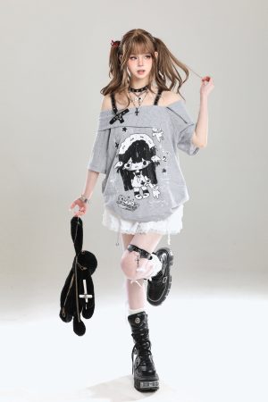 Off-Shoulder Spicy Girl Cartoon Camisole T-Shirt Cover-Up for Women, Y2K Summer Subculture Style Top