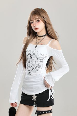 Off-Shoulder Spicy Girl Long Sleeve T-Shirt - Slim Fit Sun Protection Summer Cover-Up, Waist-Cinching Women's Top