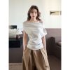 Off-Shoulder Vintage T-Shirt for Women - Summer Slimming Style, Waist-Cinching, Short Sleeves, Irregular Design, Trendy and Instagram-Worthy