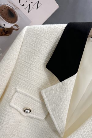 Off-White Color-Blocking French Chic Blazer for Women - 2025 Spring Autumn Short Suit, Stylish Workwear & Casual Fashion