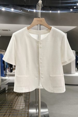 Off-White French-Style Elegant Short Jacket for Women - Chic Summer 2025 Petite Top, Trendy Fashion Essential