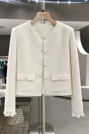 Off-White Lace Spliced Short Wind Coat for Women - French Elegant Spring Autumn 2025 Fashion