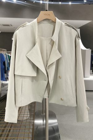 Off-White Short Trench Coat for Women - British Style, Spring 2025, Chic French Youthful Design for Autumn Fashion