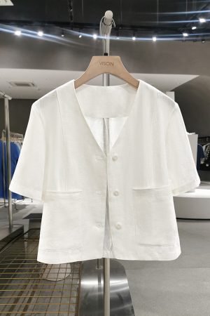 Off-White V-Neck Linen Short Jacket for Women - Korean Style, Summer 2025 Gentle Niche Thin Top