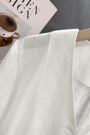 Off-White V-Neck Linen Short Jacket for Women - Korean Style, Summer 2025 Gentle Niche Thin Top
