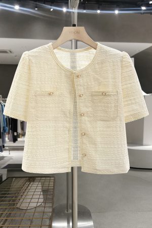 Off-White Vintage Elegant Short Coat for Women - Lightweight Textured Summer 2025 Fashion Top