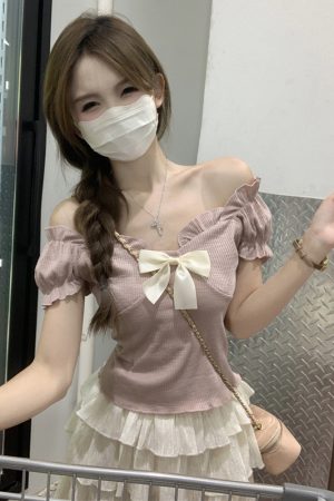 One-Shoulder Butterfly Knot Short Sleeve T-Shirt for Women - Plus Size Slim-Fit Summer Top, Sweet and Spicy Style