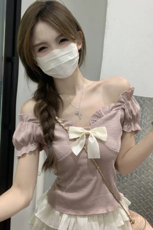 One-Shoulder Butterfly Knot Short Sleeve T-Shirt for Women - Plus Size Slim-Fit Summer Top, Sweet and Spicy Style