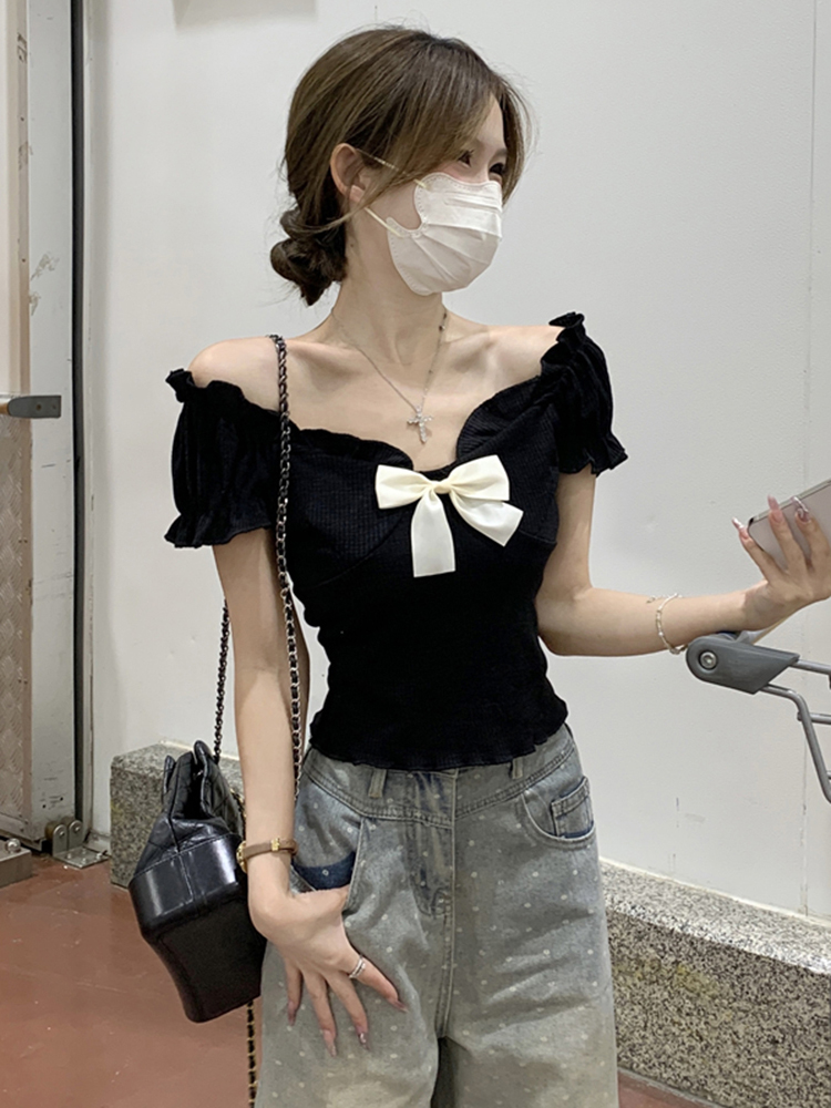 One-Shoulder Butterfly Knot Short Sleeve T-Shirt for Women - Plus Size Slim-Fit Summer Top, Sweet and Spicy Style One-Shoulder Butterfly Knot Short Sleeve T-Shirt for Women - Plus Size Slim-Fit Summer Top, Sweet and Spicy Style