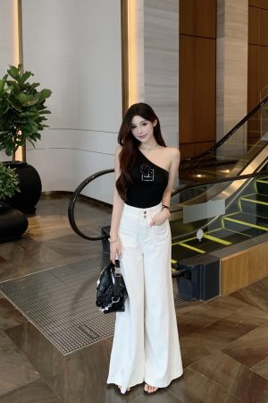 One-Shoulder Camisole for Women - Fashionable Slim Fit Summer Top with Camellia Design - Sexy Y2K Style