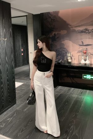 One-Shoulder Camisole for Women - Fashionable Slim Fit Summer Top with Camellia Design - Sexy Y2K Style