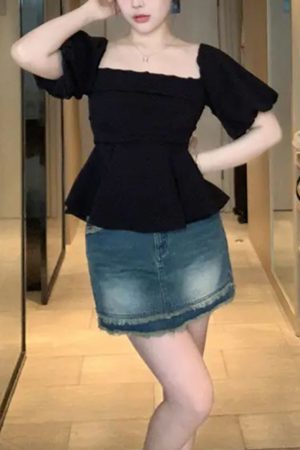 One-Shoulder High-Waist Puff Sleeve Top for Women - Slimming Tummy-Covering Design - Summer Fashion in Large Sizes