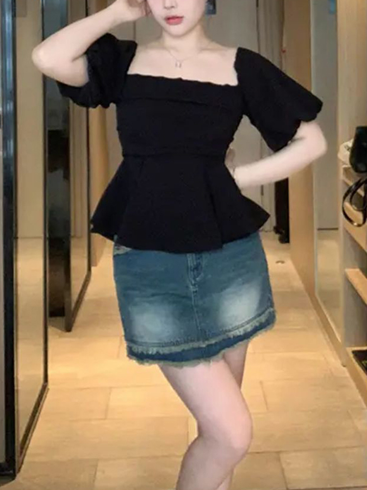 One-Shoulder High-Waist Puff Sleeve Top for Women - Slimming Tummy-Covering Design - Summer Fashion in Large Sizes One-Shoulder High-Waist Puff Sleeve Top for Women - Slimming Tummy-Covering Design - Summer Fashion in Large Sizes