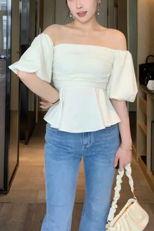 One-Shoulder High-Waist Puff Sleeve Top for Women - Slimming Tummy-Covering Design - Summer Fashion in Large Sizes