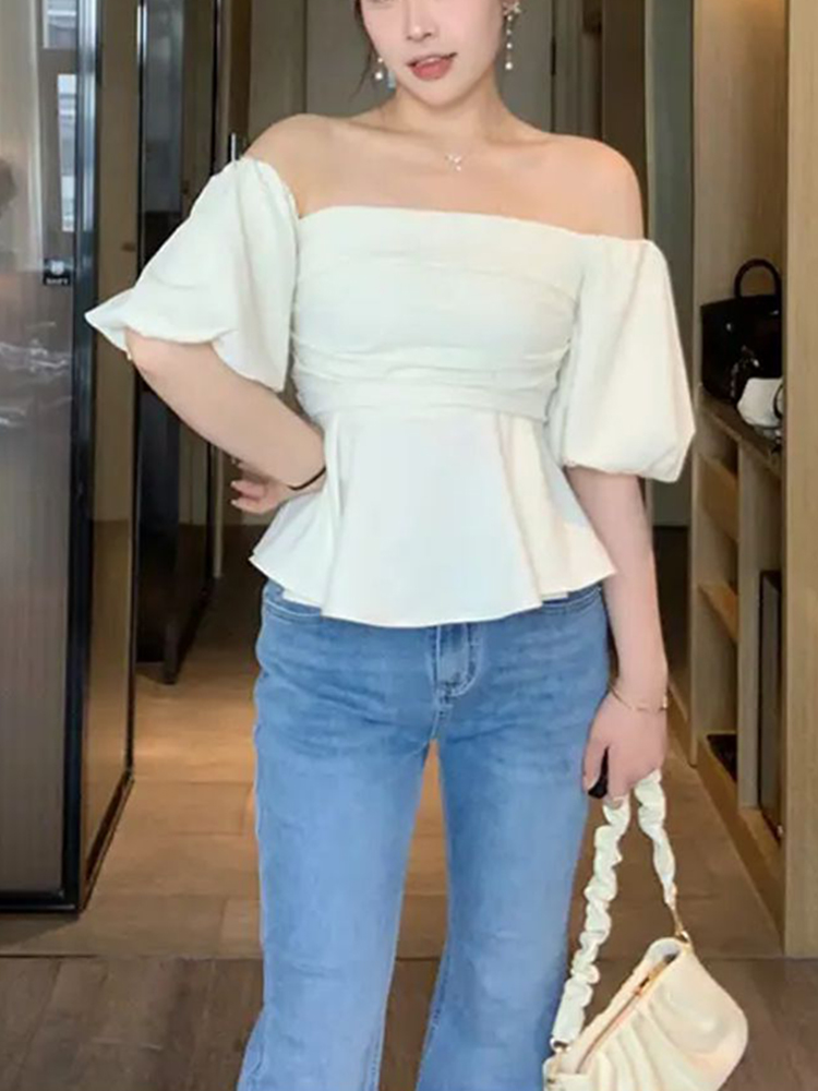 One-Shoulder High-Waist Puff Sleeve Top for Women - Slimming Tummy-Covering Design - Summer Fashion in Large Sizes One-Shoulder High-Waist Puff Sleeve Top for Women - Slimming Tummy-Covering Design - Summer Fashion in Large Sizes