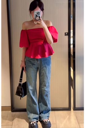 One-Shoulder High-Waist Puff Sleeve Top for Women - Slimming Tummy-Covering Design - Summer Fashion in Large Sizes