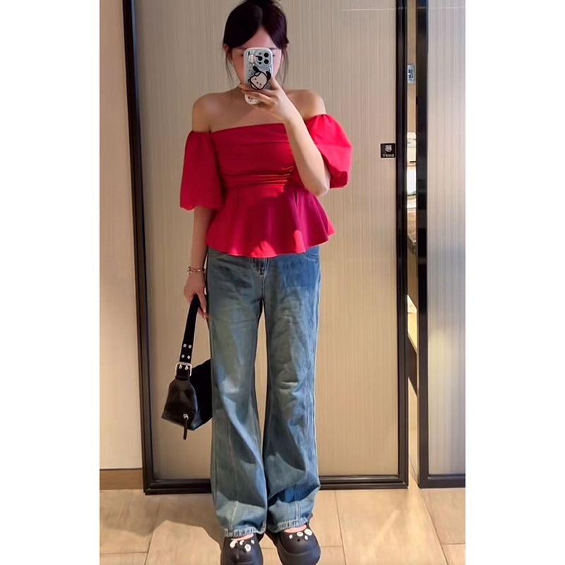 One-Shoulder High-Waist Puff Sleeve Top for Women - Slimming Tummy-Covering Design - Summer Fashion in Large Sizes One-Shoulder High-Waist Puff Sleeve Top for Women - Slimming Tummy-Covering Design - Summer Fashion in Large Sizes