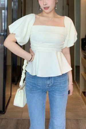 One-Shoulder High-Waist Puff Sleeve Top for Women - Slimming Tummy-Covering Design - Summer Fashion in Large Sizes