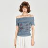 One-Shoulder Printed Waist-Cinching Slim-Fit T-Shirt for Women - American Retro Summer Style, Short Sleeve Top