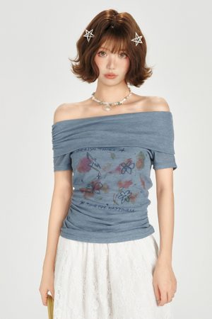 One-Shoulder Printed Waist-Cinching Slim-Fit T-Shirt for Women - American Retro Summer Style, Short Sleeve Top