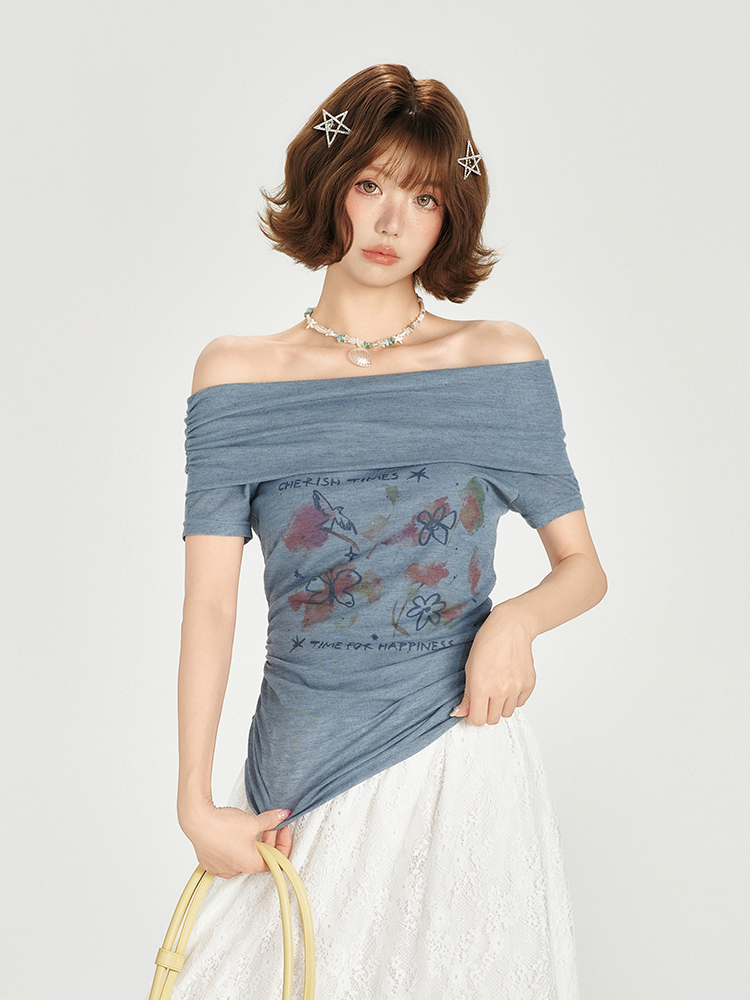 One-Shoulder Printed Waist-Cinching Slim-Fit T-Shirt for Women - American Retro Summer Style, Short Sleeve Top One-Shoulder Printed Waist-Cinching Slim-Fit T-Shirt for Women - American Retro Summer Style, Short Sleeve Top