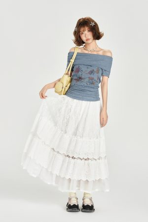 One-Shoulder Printed Waist-Cinching Slim-Fit T-Shirt for Women - American Retro Summer Style, Short Sleeve Top