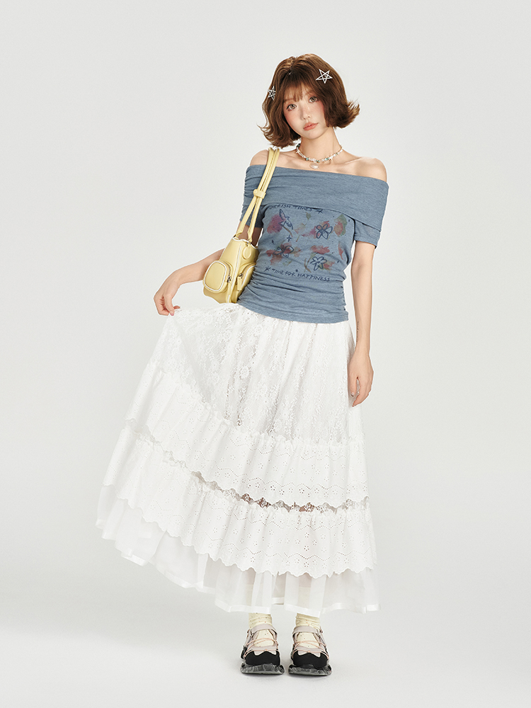 One-Shoulder Printed Waist-Cinching Slim-Fit T-Shirt for Women - American Retro Summer Style, Short Sleeve Top One-Shoulder Printed Waist-Cinching Slim-Fit T-Shirt for Women - American Retro Summer Style, Short Sleeve Top