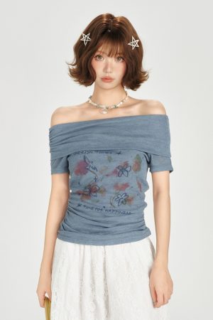 One-Shoulder Printed Waist-Cinching Slim-Fit T-Shirt for Women - American Retro Summer Style, Short Sleeve Top