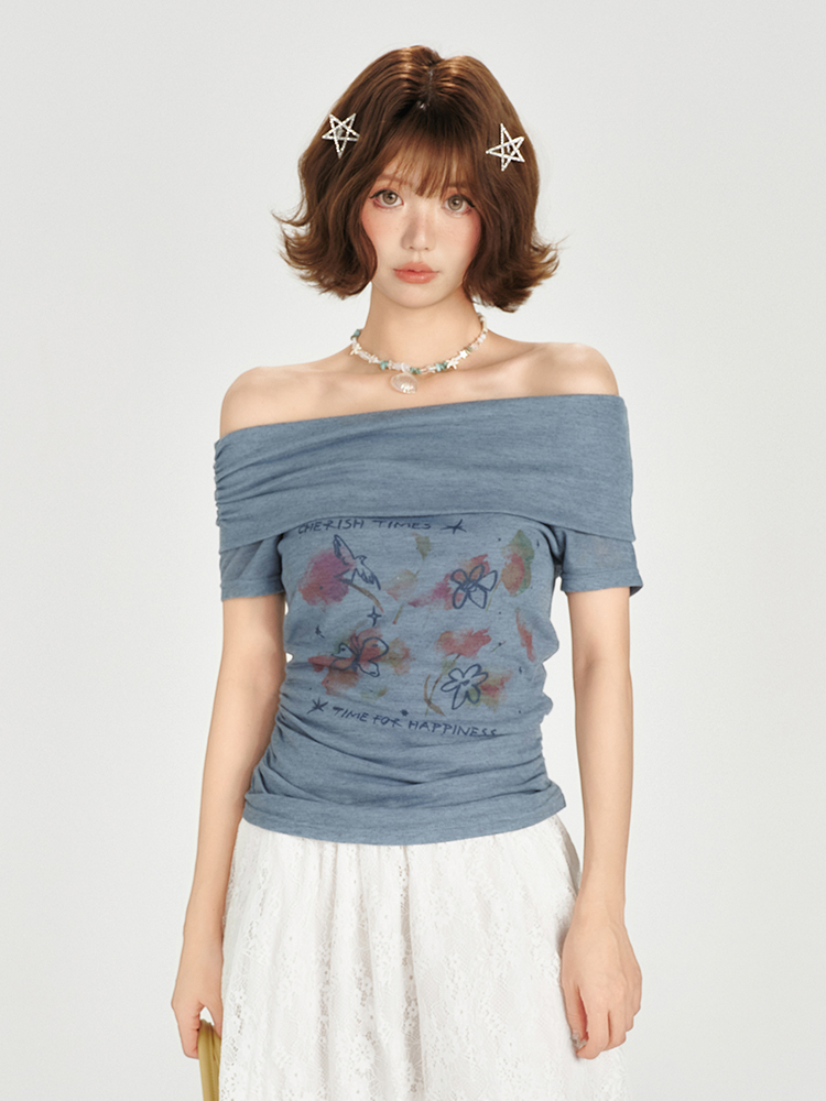 One-Shoulder Printed Waist-Cinching Slim-Fit T-Shirt for Women - American Retro Summer Style, Short Sleeve Top One-Shoulder Printed Waist-Cinching Slim-Fit T-Shirt for Women - American Retro Summer Style, Short Sleeve Top